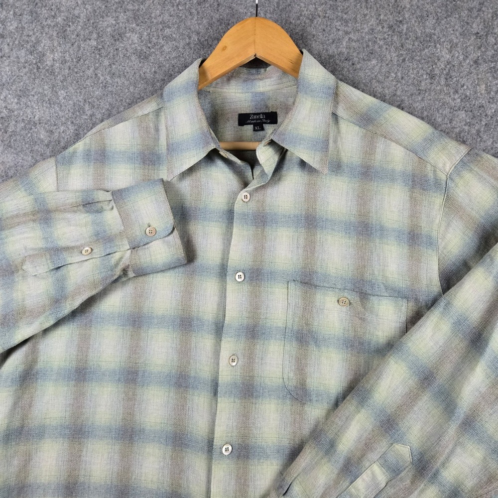 Zanella Shirt Mens XL Green Blue Plaid Made in Italy Luxury Button Down
